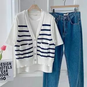 [신상오픈런]브이넥 세미크롭 소라색 스트라이프조끼 오픈베스트 (30100484)