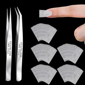 100Pcs 섬유유리 네일 랩 연장 키트 수리 천연 실크 종이 타월 섬유 부러진 수리용 핀셋 2개 포함 가정용