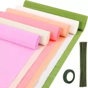 CCINEE 크레페 종이 롤 50개의 그린 플로럴 와이어 스템과 테이프 꽃 만들기 키트가 포함된 10 x 98 인치