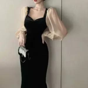 [신상오픈런]여성 퍼프소매 슬림핏 롱 원피스 벨벳 쉬폰 레이어드 (41992472)