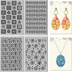 CHGCRAFT 4매 플라워 그리드 요소 점토 질감 매트 라인 플로럴 패턴 폴리머 시트 도자기 귀걸이 보석 제작