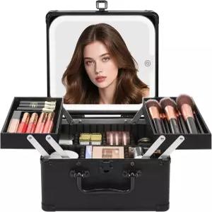 초메이우 메이크업 백 트레이 2개 포함 여행용 기차 케이스 대형 화장품 정리함 LED 조명 베니티 미러 네일