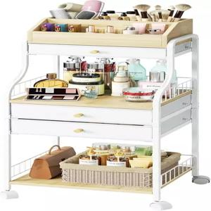 SWTYMIKI 롤링 메이크업 오거나이저 카트 - 부직포 서랍이 있는 바닥 스킨케어 보관함 바퀴가 달린 베니티