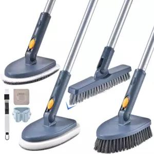 EDZNFE 샤워 클리닝 브러시 4 in 1 타일 욕조 스크러버 54.7인치 길이 손잡이 뻣뻣한 칫솔 스펀지 그라우트