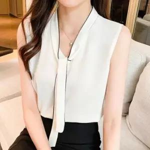 [의류] 배색 타이 민소매 블라우스 경량 하객룩 데이트룩