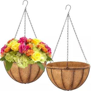 식물을 위한 LCHUANG 행잉 바스켓 화분 - 코코 코이어 라이너가 있는 12인치 금속 바구니 2팩 체인이 달린