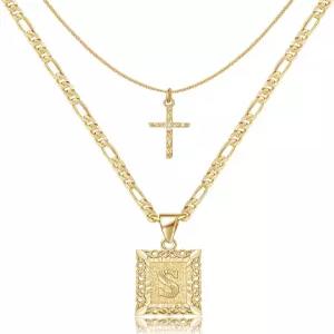 KELORIS PATH 골드 레이어드 이니셜 크로스 목걸이 14K 도금 스퀘어 레터 펜던트 피가로 체인 초커 여성용