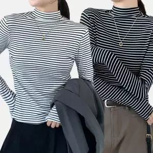 줄무늬 반목 티셔츠 겨울 기모 여성 이너 터틀넥 폴라티 폴라 기모