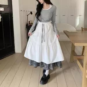 [다잇템] 여자 고무줄 클래식 티어드 흰색 롱스커트