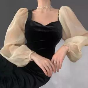 [신상오픈런]여성 슬림핏 롱 원피스 벨벳 쉬폰 퍼프소매 레이어드 드레스 (42003912)