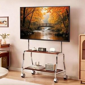 40000KM 이동식 스탠드 티비 거치대 32-75인치 2단 원목 선반 스테인리스강관