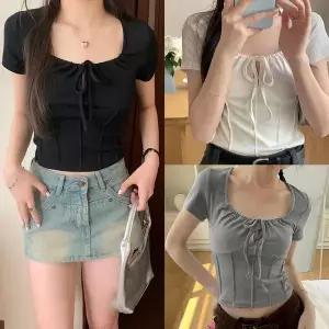 이브닝티 반팔 셔링 슬림 크롭 리본 끈 포인트 무지 산 XL 사이즈