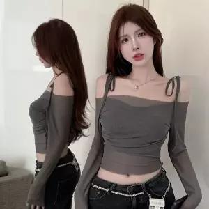 딥숄볼륨티 오프숄더 리본 여름 셔링 긴팔 크롭 무지 니트 티숙