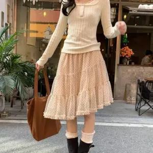 여자 봄 여름 시스루 도트 프릴 미니 스커트