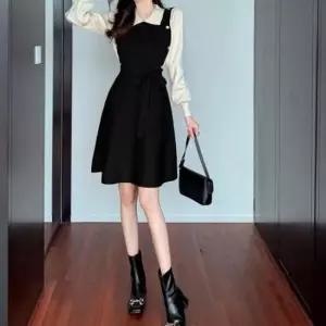 체크셔츠 날씬해보이는 허리스트링 레이어드 니트 A라인 원피스