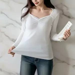 여성 슬림핏 브이넥 롱소매 셔링 무채색 봄 티셔츠