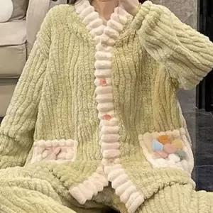 여성 수면잠옷 팬츠 긴팔티셔츠 극세사 홈웨어 상하세트 ST4677 부드러운 겨울 파자마 파티 셋트