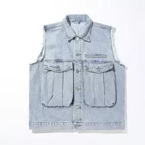 남성조끼 라이트블루 민소매 데님 조끼 카고 심쿵직구