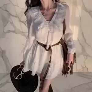 CCO59FD여성 브이넥 퍼프 소매 프릴 미니 드레스