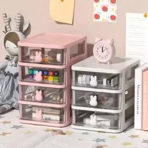 (사이즈-색상 3단-핑크)토끼 일체형 서랍 수납함 미니 3단 서랍 수납함 플라스틱 정리함