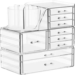 9개의 서랍이 있는 SuOXing 3팩 투명 아크릴 메이크업 정리함 브러시 홀더가 스킨케어 화장실 서랍 보관함