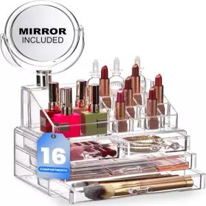 거울이 있는 메이서 클리어 메이크업 오거나이저 - 16칸 화장품 및 주얼리 홀더 4드로어 배니티 보관함