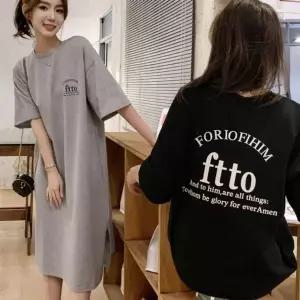 앞뒤 텍스트 로고프린트원형넥 반소매 옆트임 레이디 컴포트