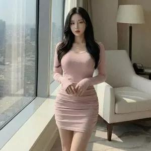 [다잇템] 여자 SS FW 슬림핏 쁘띠 롱슬리브 잔주름 원피스_24720600_588872