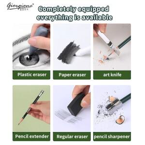 GOIRGIONE 프로 스케치 세트 10/12/19/27 흑연 및 목탄 연필 휴대용 녹색 철 상자 아티스트 학생용 드로잉