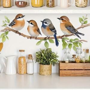 MT1496 # 거실, 침실, 공부방 및 기타 배경에 적합한 나뭇 가지 벽 스티커에 서있는 네 마리의 작은 새