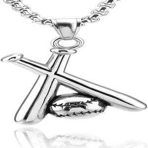 HZMAN 야구 및 배트 크로스 스포츠 스테인리스 스틸 펜던트 목걸이 22+2 체인