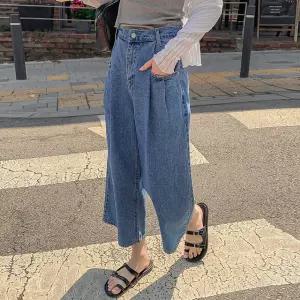 커버7부데님 여름신상 핀턱 하체커버 와이드7부 청바지