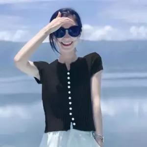 JFJDZZSN005 봄가을 여성 빅사이즈 오버핏 캐주얼 슬림핏 브이넥 반팔 골지 크롭 니트 상의