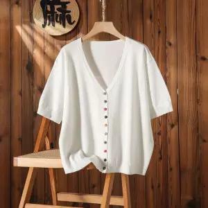 JFJDZZSN025 봄가을 여성 빅사이즈 오버핏 캐주얼 반팔 가디건 니트 상의