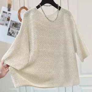 JFJDZZSN066 봄가을 여성 빅사이즈 오버핏 캐주얼 펀칭 반팔 브이넥 니트 상의