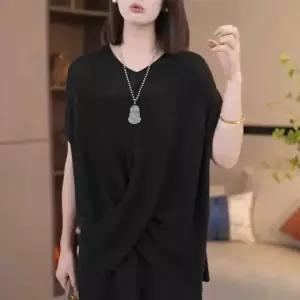 JFJDZZSN071 봄가을 여성 빅사이즈 오버핏 캐주얼 미디 브이넥 반팔 니트 상의