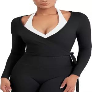 여레오 여성 필라테스 랩탑 긴팔 타이 발레 운동 요가 셔츠 미셸 Y2K 브이 넥 크롭탑