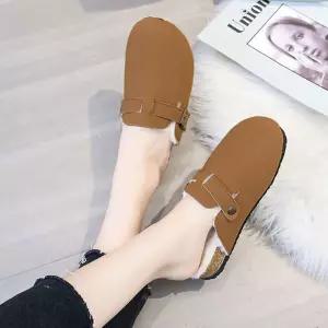 여성 사무실 따뜻한 털 안감 버클 포인트 뮬 슬리퍼