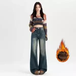 여성용 바지 빈티지 동계 도톰 하이웨스트 와이드 일자핏 슬리퍼 청바지 일자 슬림핏 데님바지 기모 데일룩