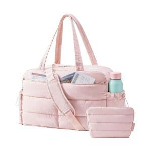 여성용 가방 스마트 짐 가방, 경량 패딩 더플 2-PC 여행 31L 위켄더 오버나이트 퀼팅 캐리 온 토트백, 여행용 기저귀 병원 댄스백, 헬스장, 방수, 핑크