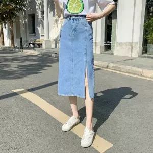 [제이프로젝]데님 롱 청치마 스커트 여성 코디 다리 길어보이는 앞트임스커트 롱데님스커트 데님스커트 데