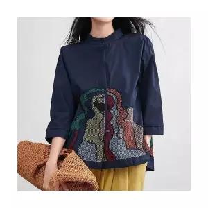 마이진 여사친 롱 가을 여름 소매 자수 상의 춘추 A라인 블라우스 차이나 인형 루즈핏 셔츠 7부 ADOR3