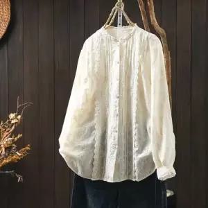 마이진 여성용 롱 가을 블라우스 자수 루즈핏 긴팔 셔츠 넥 ADOR3