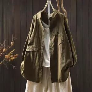 마이진 여성 면 롱 빈티지 가을 솔리드 블라우스 원포켓 셔츠 이중사 루즈핏 ADOR3