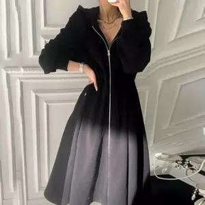 F64107 2컬러 밴딩 앞지퍼 롱 후드 원피스 집업스타일