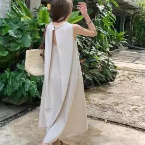 여성 여자 뒷트임 포인트 롱 A라인 원피스 맥시롱 맥시원피스 호캉스 슬림