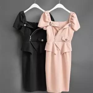 여성 카라 집업 버튼 랩 프릴 슬림핏 미디 반팔 원피스 (41033034)