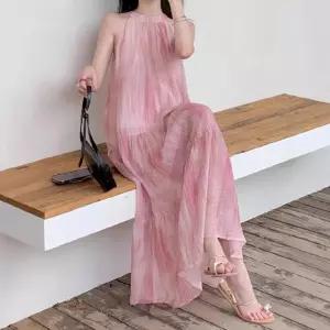 원피스 치마 핑크 여름 홀터넥 민소매 미디스커트 프렌치 뷰티 나염 해변 여자원피스 원템1