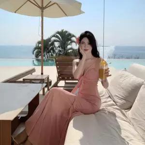 원피스 스커트 분홍 롱 여름 여자원피스 민소매 오키드 브이넥 나시 힙업 원템1