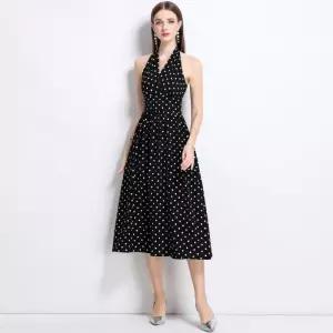 여자원피스 민소매 홀터넥 도트 원피스 빈티지 슬림핏 롱스커트 원템1